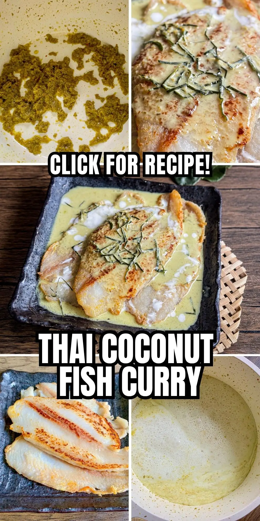 Thai coconut fish curry with pan seared fish fillets in a creamy green curry sauce, served on a plate.