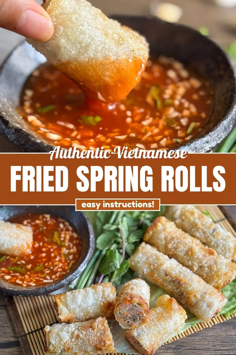 Authentic Vietnamese fried spring rolls served with fresh herbs and sweet chili garlic dipping sauce.
