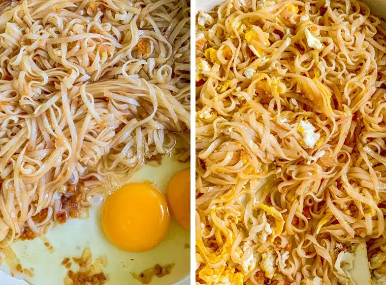 Raw eggs added directly into the noodles to scramble and mix in.