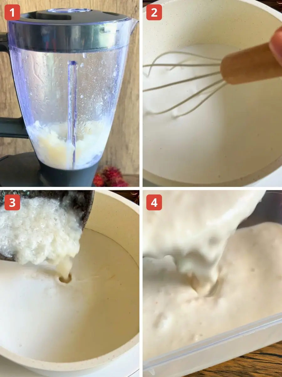 Step-by-step process of making rambutan ice cream: blending rambutan, whisking coconut milk, combining the mixture, and pouring creamy ice cream base into a container.