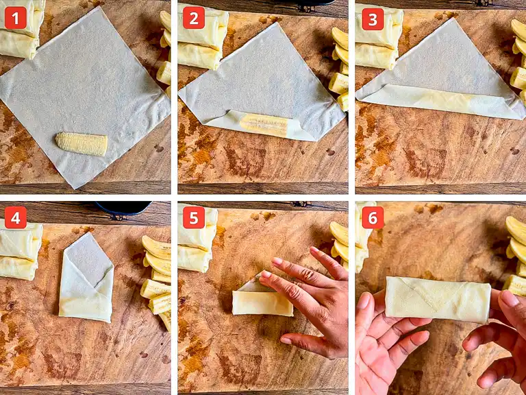 Step-by-step process of rolling banana lumpia in spring roll wrappers.
