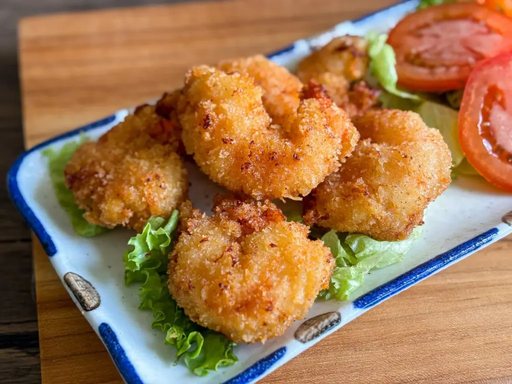 Panko shrimp served on lettuce with sliced tomato.