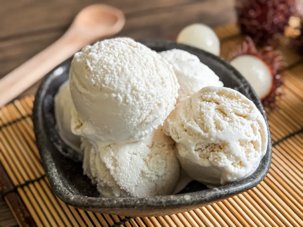 Rambutan ice cream scoops in a dark bowl, served on a bamboo mat with fresh rambutan fruit in the background.