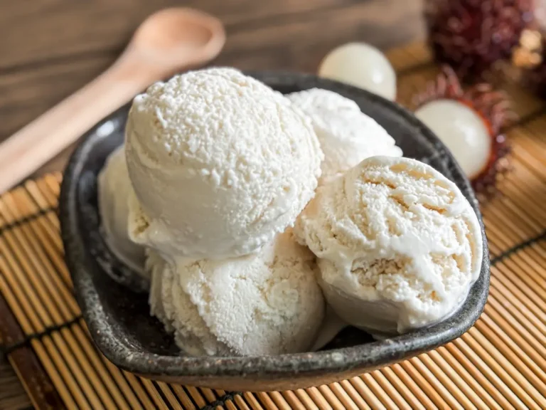 Rambutan ice cream scoops in a dark bowl, served on a bamboo mat with fresh rambutan fruit in the background.