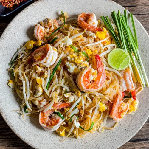 Shrimp pad Thai garnished with garlic chives and a lime wedge, served on a rustic wooden table.