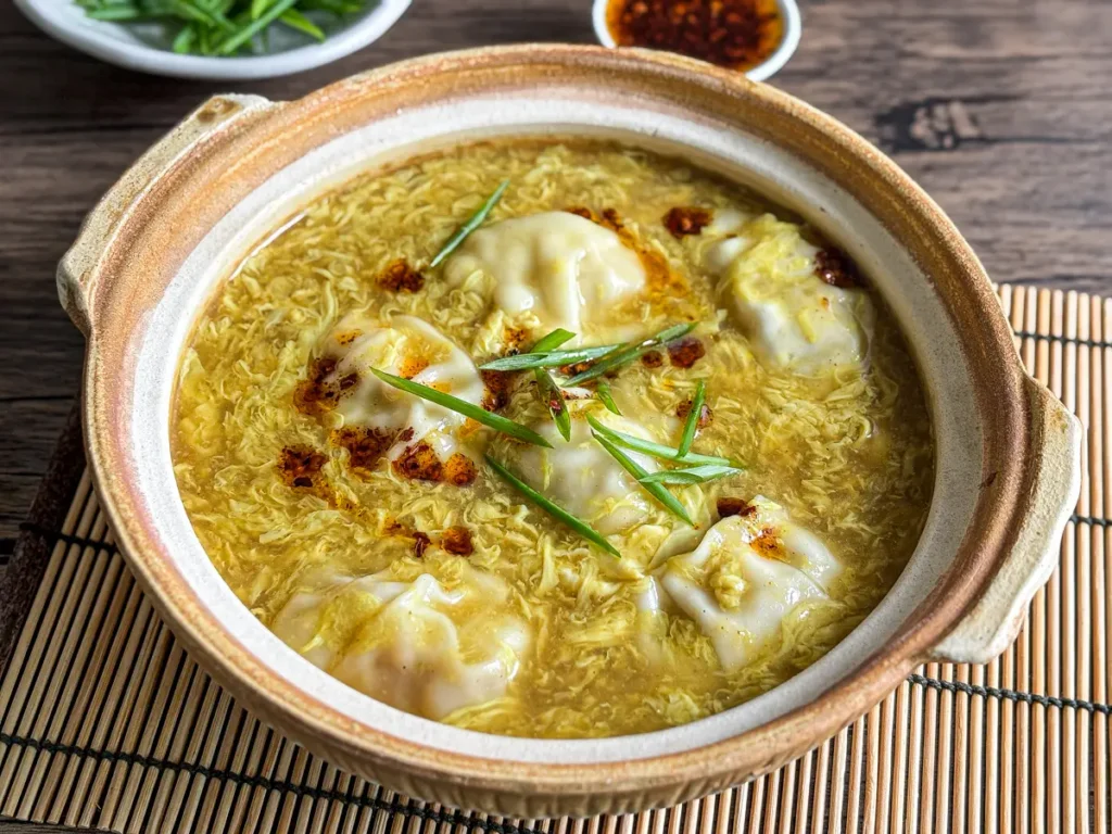 Clay pot filled with wonton egg drop soup, garnished with chili oil and sliced scallions.
