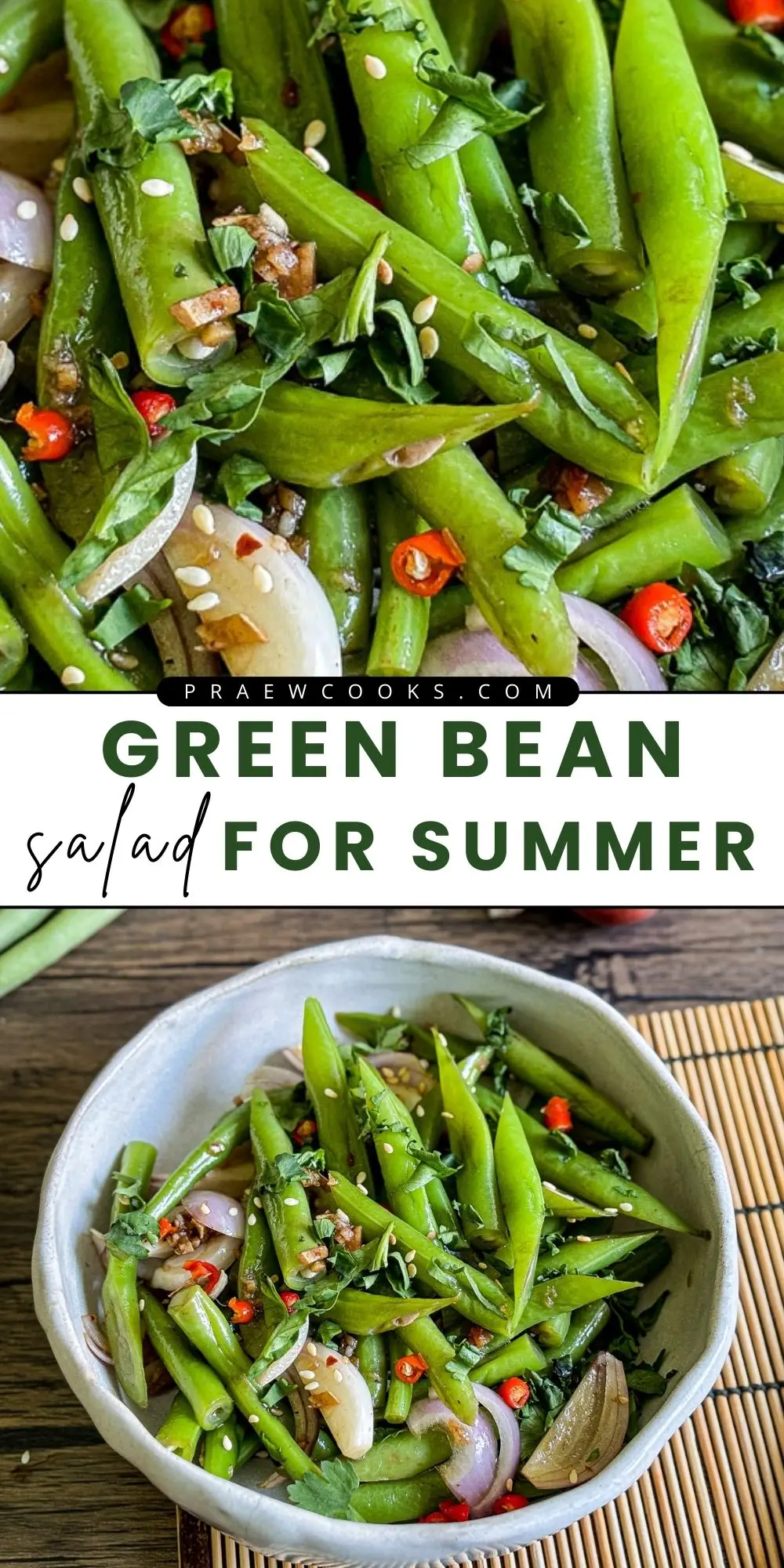 Green bean salad with sliced shallots, red chilies, sesame seeds, and fresh herbs in a bowl.