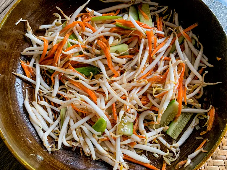 Mung bean sprout salad with shredded carrots and sliced cucumber tossed in a brown serving bowl.
