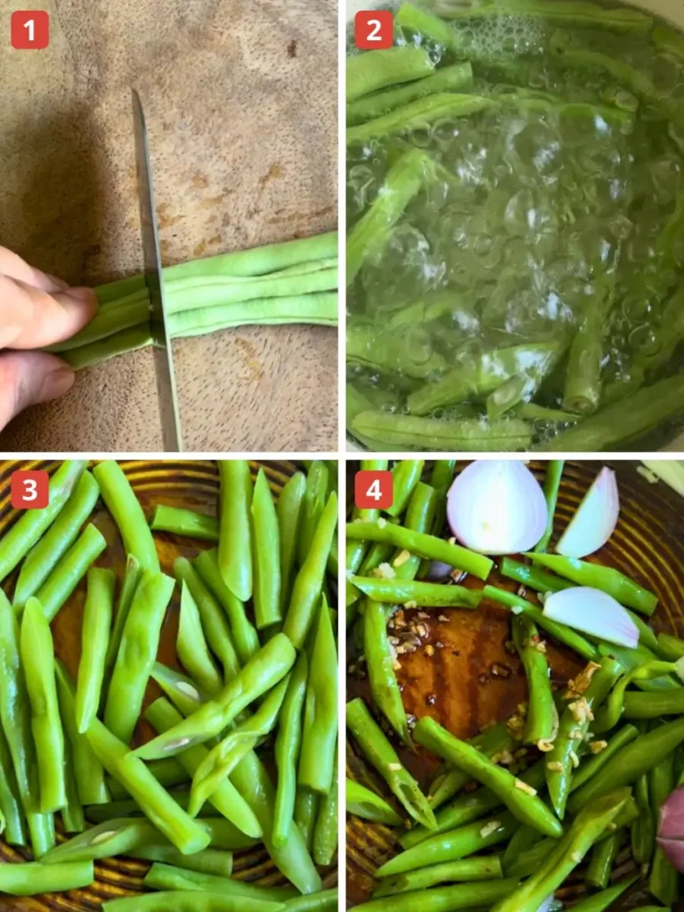 Step-by-step photo collage showing how to prepare Asian green bean salad: slicing long green beans (1), blanching them in boiling water (2), cooling them after blanching (3), and stir-frying with garlic and shallots (4).