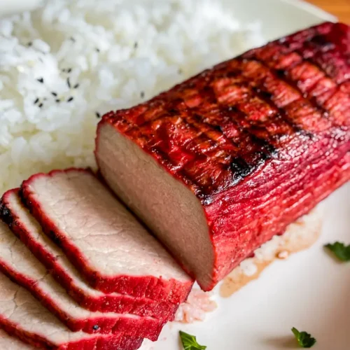Sliced Chinese char siu pork with a red barbecue crust served over white rice on a white plate.