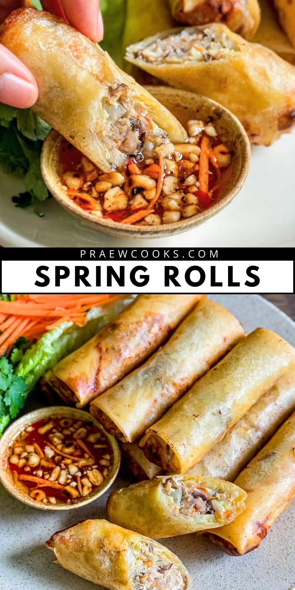 Crispy Thai spring rolls filled with pork and vegetables, dipped in sweet chili sauce with crushed peanuts and served on a plate with fresh herbs.