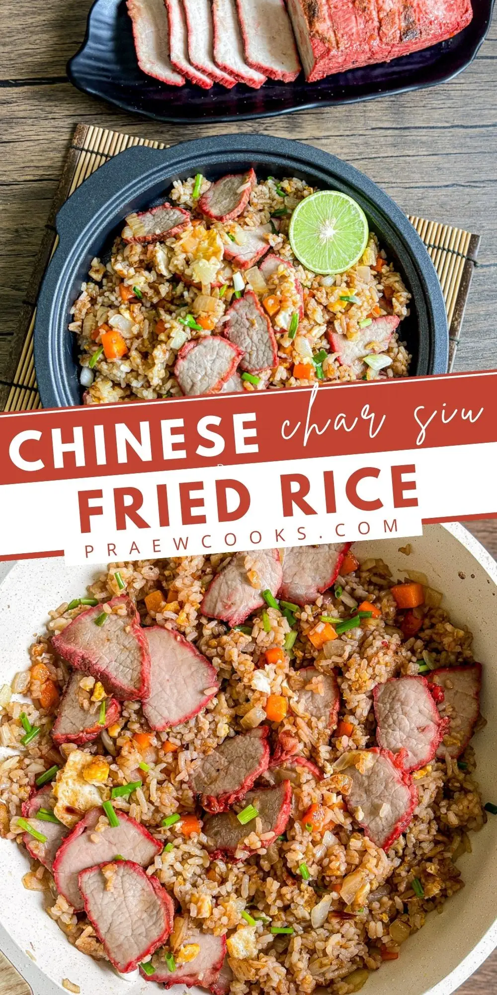 Chinese char siu fried rice with sliced barbecue pork, egg, carrots, and green onions in a skillet, served with a lime wedge.