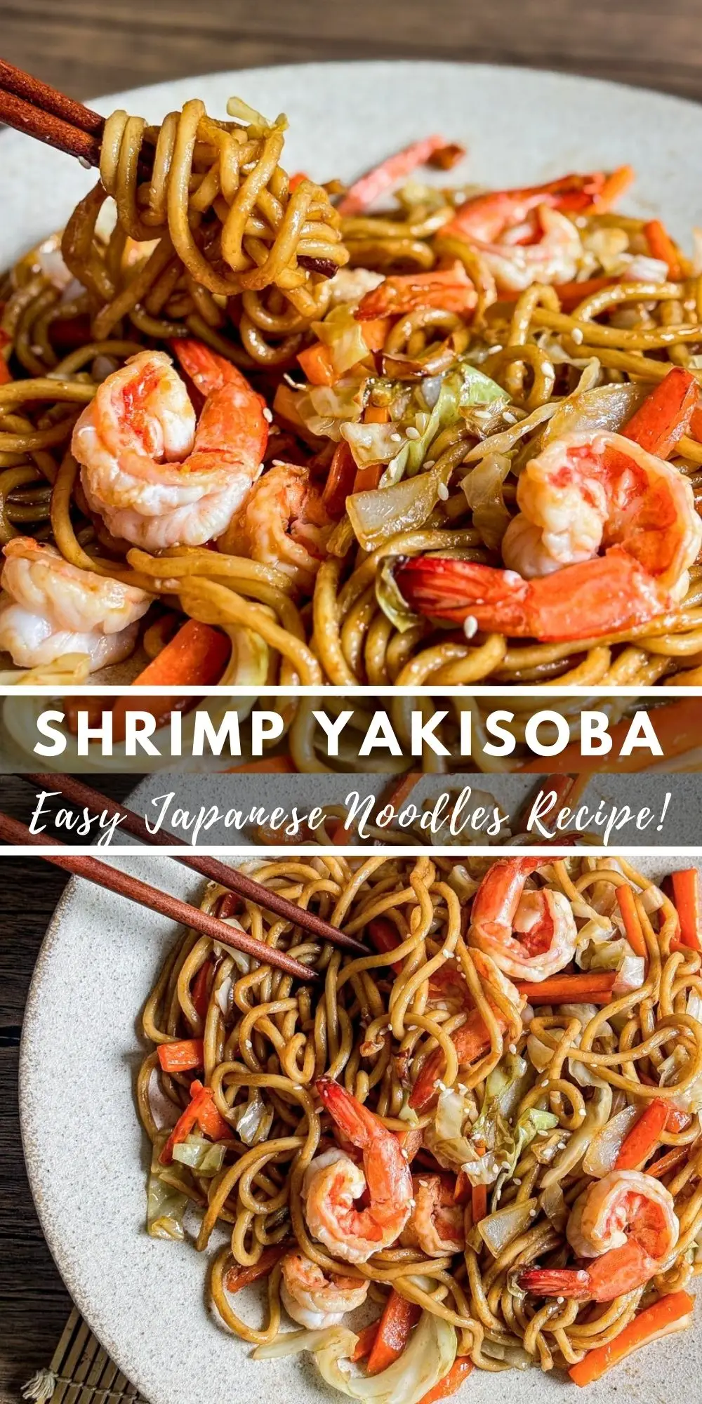 Shrimp yakisoba with stir fried noodles, cabbage, carrots, and shrimp on a plate with chopsticks lifting noodles.