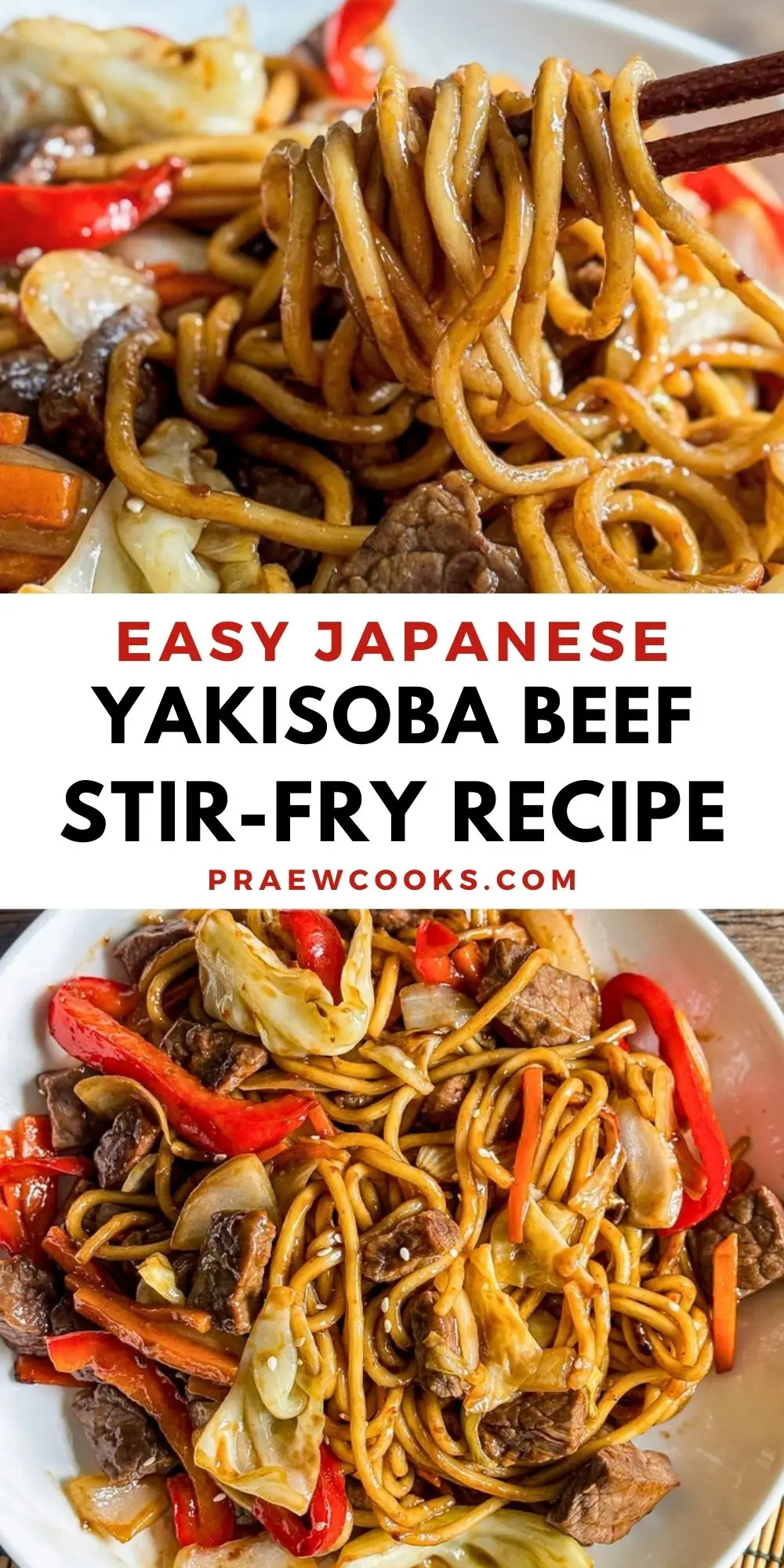 Beef yakisoba stir fry with thick noodles, sliced beef, cabbage, and red bell peppers in a savory sauce, lifted with chopsticks in a bowl.