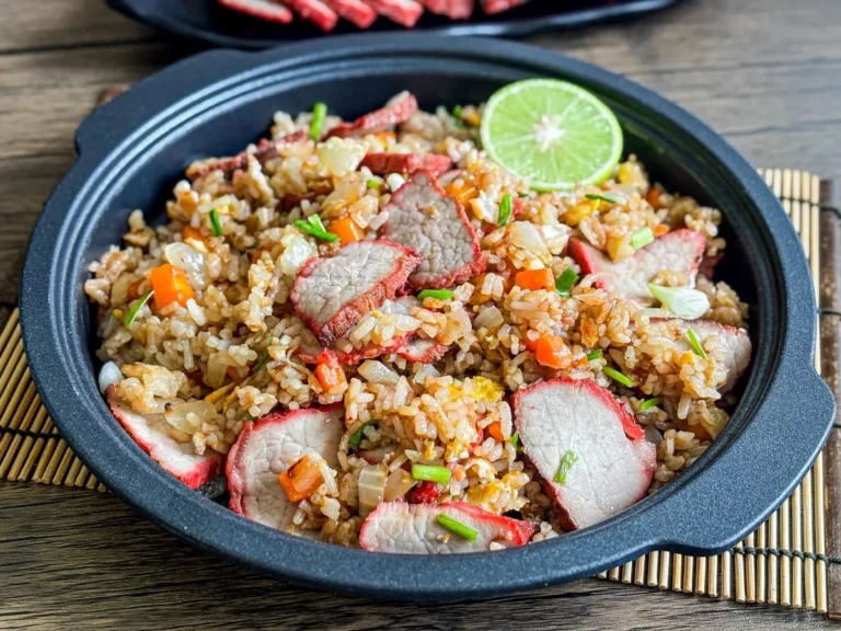 Char siu fried rice with red pork slices, diced carrots, and chopped scallions.
