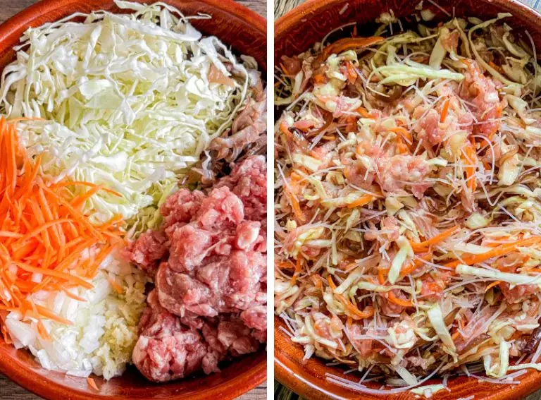 Step showing Lao spring roll filling ingredients before mixing and fully mixed filling in a bowl.